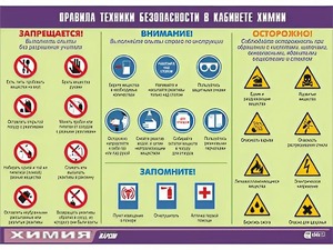 Таблица демонстрационная "Правила техники безопасности в кабинете химии" (винил 100х140) - fgospostavki.ru - Омск