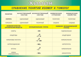 Таблица "Сравнение понятий изомер и гомолог" (100х140 сантиметров, винил) - fgospostavki.ru - Омск